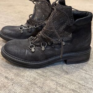 Charcoal grey rugged “worn look” Ankle Boots with rhinestones padding